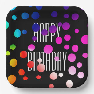 Birthday Rainbow Dots on Black Paper Plates