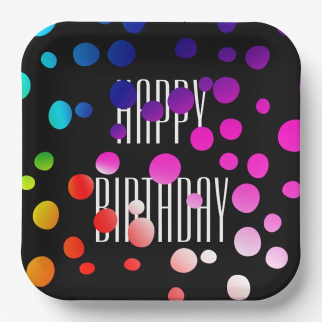 Birthday Rainbow Dots on Black Paper Plates (Front)