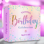Birthday Rainbow Glitter Confetti Ombre Keepsake 3 Ring Binder<br><div class="desc">Let your favorite girl celebrate her birthday with this stunning keepsake scrapbook memory album. Rainbow glitter script typography, along with festive turquoise, purple pink and gold confetti, overlays a rainbow ombre foil metallic background. More brushed rainbow ombre foil and pastel confetti dots are on the back. Personalize the custom text...</div>