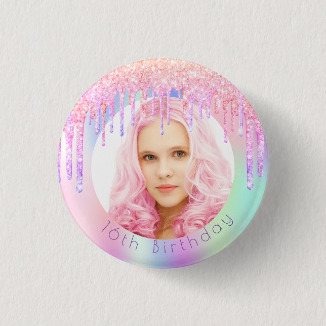 Birthday rainbow glitter drips custom photo pink button (Front)