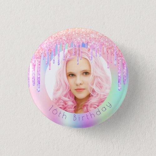 Birthday rainbow glitter drips custom photo pink button