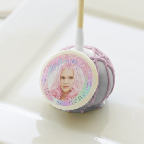 Birthday rainbow glitter drips custom photo pink cake pops