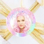 Birthday rainbow glitter drips custom photo pink classic round sticker<br><div class="desc">For a Sweet 16,  16th (or any age) birthday party. A trendy holographic background with unicorn and rainbow pastel colors in pink,  purple,  rose gold,  mint green. Decorated with faux glitter drips,  paint dripping look. Personalize and add a photo and age 16. Purple colored letters.</div>
