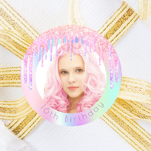 Birthday rainbow glitter drips custom photo pink classic round sticker