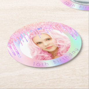 Birthday rainbow glitter drips custom photo pink round paper coaster