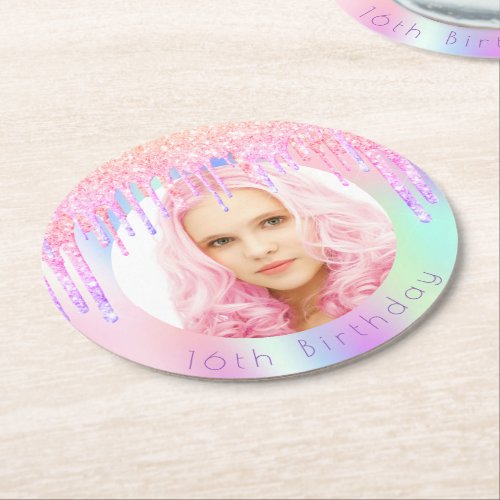 Birthday rainbow glitter drips custom photo pink round paper coaster