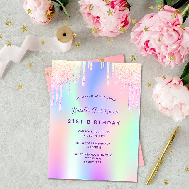 Birthday rainbow glitter pink glam invitation postcard (Creator Uploaded)