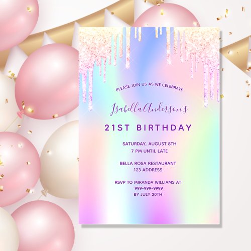 Birthday rainbow glitter pink rose gold party invitation