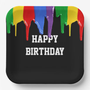 Birthday Rainbow Paints Drips  Paper Plates