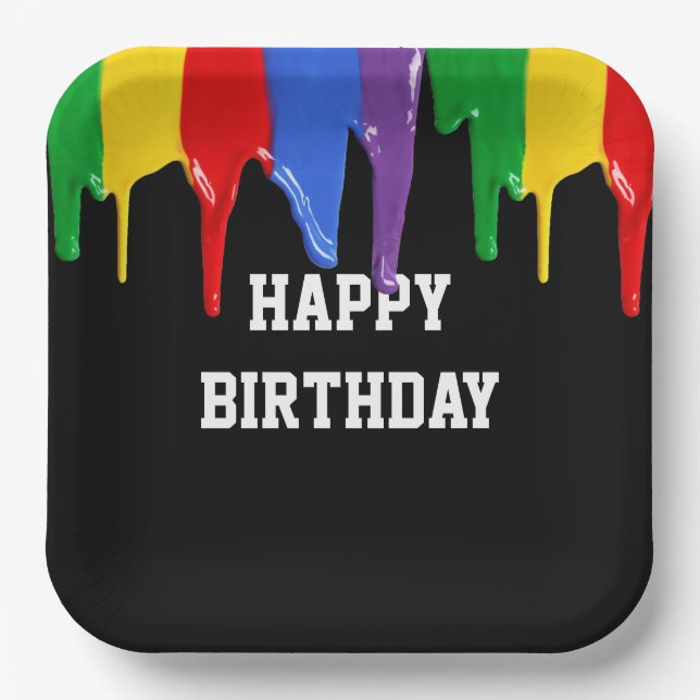 Birthday Rainbow Paints Drips  Paper Plates (Front)