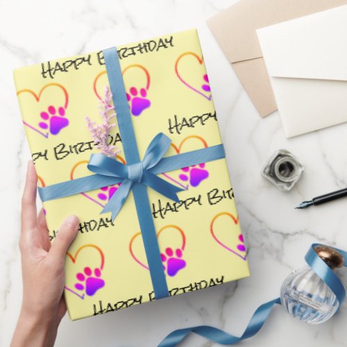 Birthday Rainbow Paw Print with Heart  Wrapping Paper