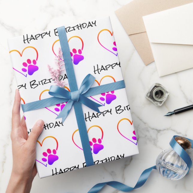 Birthday Rainbow Paw Print with Heart  Wrapping Paper (Gifting)
