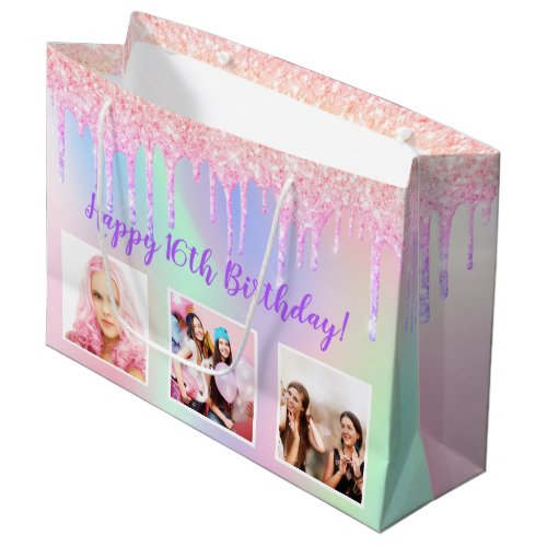 Birthday rainbow pink glitter drips custom photo large gift bag