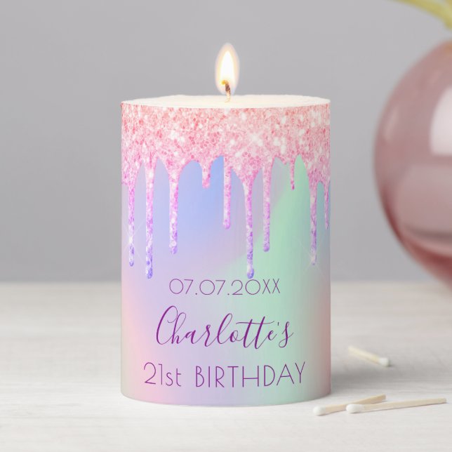 Birthday rainbow pink glitter drips monogram pillar candle (In Situ)