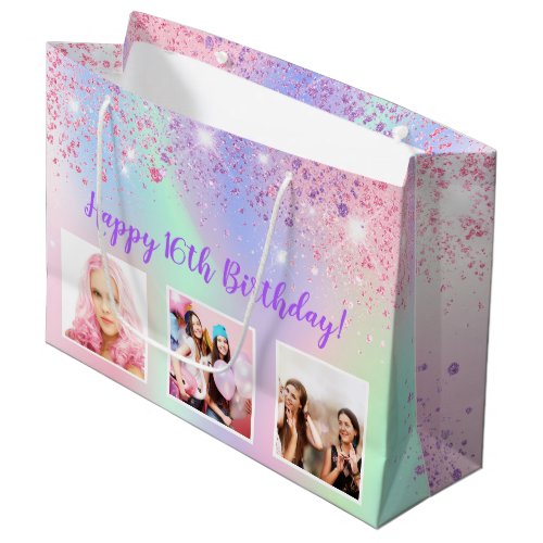 Birthday rainbow pink glitter purple custom photo large gift bag