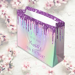 Birthday rainbow purple glitter drips monogram large gift bag<br><div class="desc">A gift bag for a girly and glamorous 21st (or any age) birthday. A unicorn, rainbow colored background with faux glitter drips, paint dripping look in pink and purple. Personalize and add a date, name and age 21. The text: The name is written in purple with a modern hand lettered...</div>