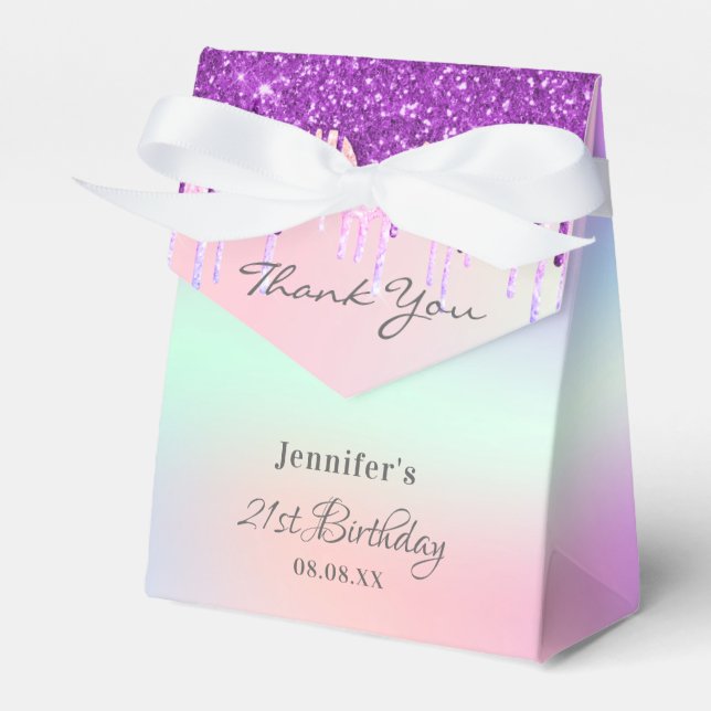 Birthday rainbow purple glitter drips thank you favor boxes (Front Side)