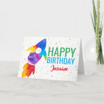Birthday Rainbow Watercolor Rocket Outer Space Card