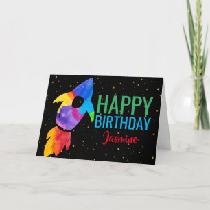 Birthday Rainbow Watercolor Rocket Outer Space Card