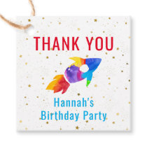 Birthday Rainbow Watercolor Rocket Outer Space Favor Tags