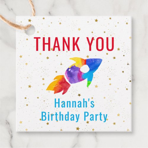 Birthday Rainbow Watercolor Rocket Outer Space Favor Tags