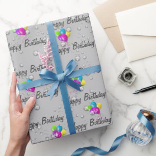 Birthday Raindrops and Balloons on Gray Wrapping Paper