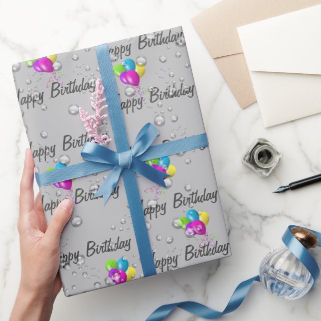 Birthday Raindrops and Balloons on Gray Wrapping Paper (Gifting)