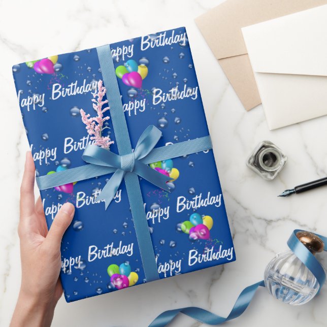 Birthday Raindrops Balloons on Blue Wrapping Paper (Gifting)