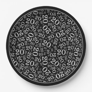 Birthday Random Number Pattern Black/White 20 Paper Plates