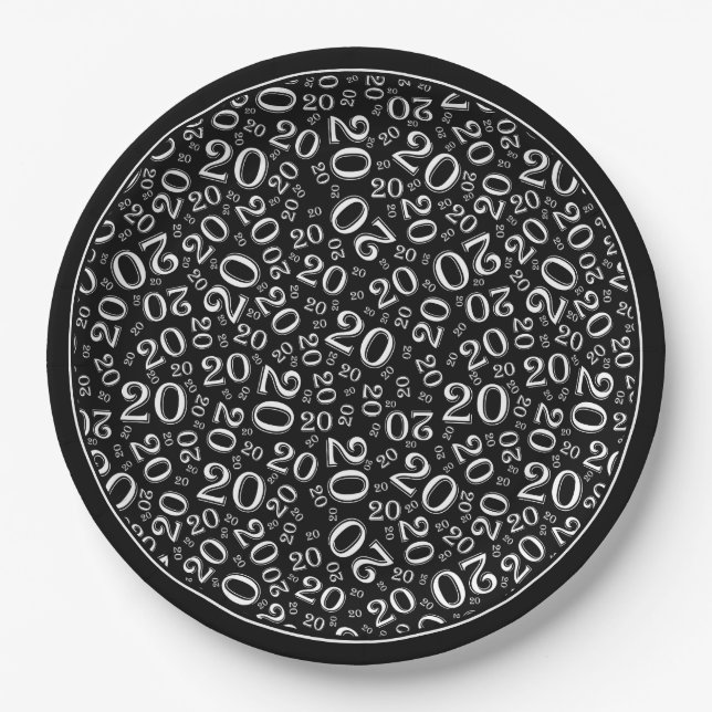 Birthday Random Number Pattern Black/White 20 Paper Plates (Front)
