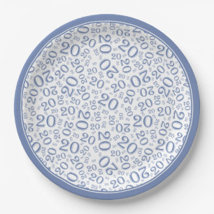 Birthday Random Number Pattern Blue/White 20 Paper Plates