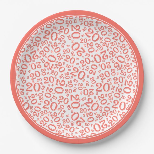 Birthday Random Number Pattern Coral/White 20 Paper Plates (Front)