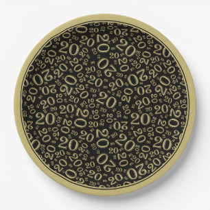 Birthday Random Number Pattern Gold/Black 20 Paper Plates