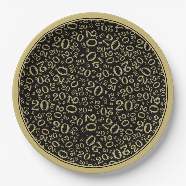 Birthday Random Number Pattern Gold/Black 20 Paper Plates (Front)