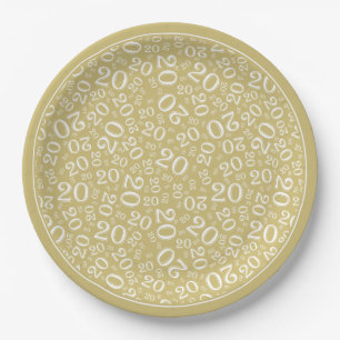 Birthday Random Number Pattern Gold/White 20 Paper Plates