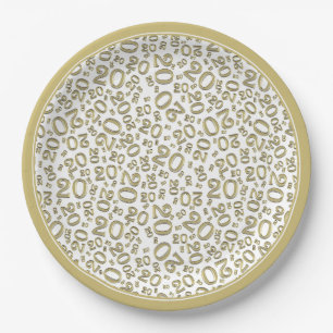 Birthday Random Number Pattern Gold/White 20 Paper Plates