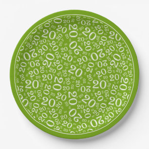 Birthday Random Number Pattern Green/White 20 Paper Plates