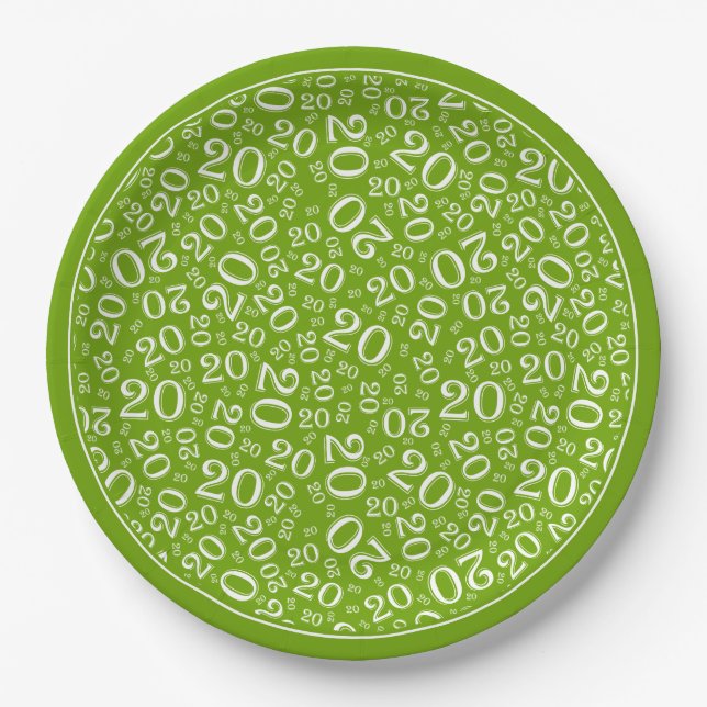 Birthday Random Number Pattern Green/White 20 Paper Plates (Front)