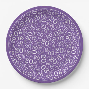 Birthday Random Number Pattern Purple/White 20 Paper Plates