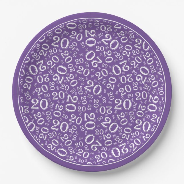 Birthday Random Number Pattern Purple/White 20 Paper Plates (Front)