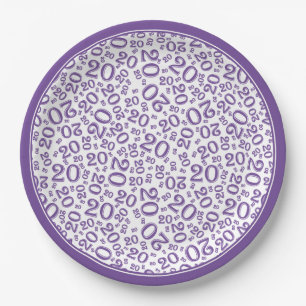 Birthday Random Number Pattern Purple/White 20 Paper Plates