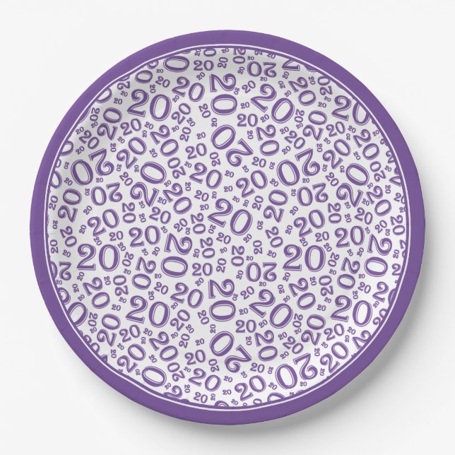 Birthday Random Number Pattern Purple/White 20 Paper Plates (Front)