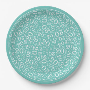 Birthday Random Number Pattern Teal/White 20 Paper Plates