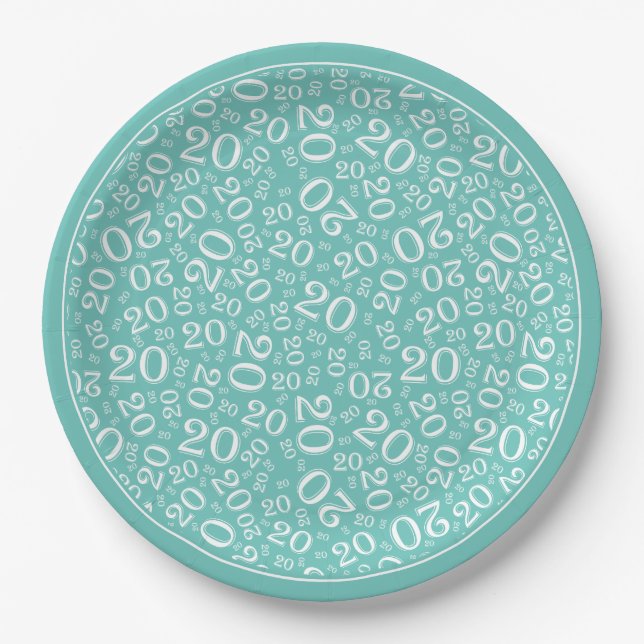 Birthday Random Number Pattern Teal/White 20 Paper Plates (Front)