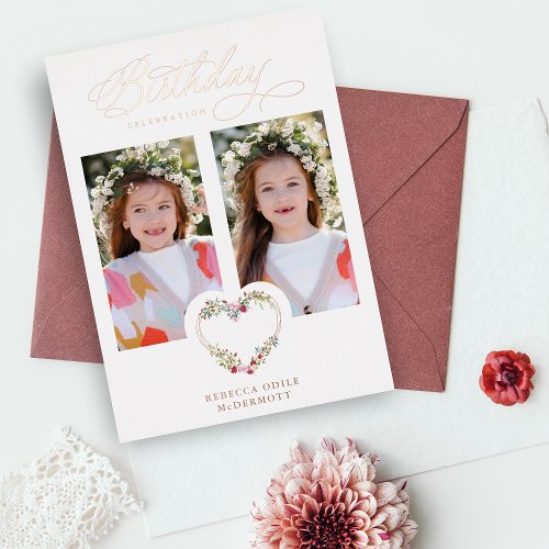 Birthday Real Rose Gold 2 Photos Floral Heart Foil Invitation