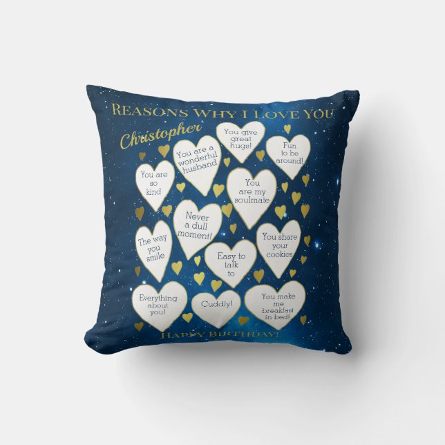 Birthday Reasons Why I Love You Throw Pillow (Front)
