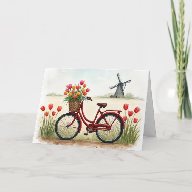 Birthday Red Bicycle With Dutch Tulips Card (Front)