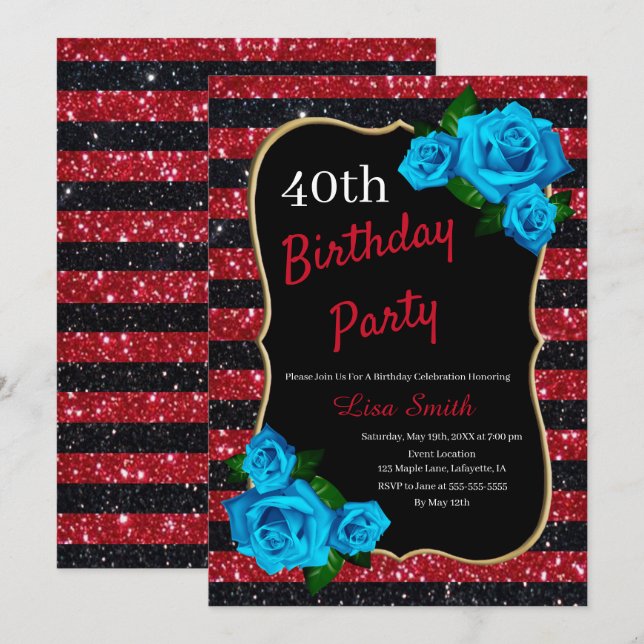 Birthday Red Black Stripes Glitter Blue Roses Invitation (Front/Back)