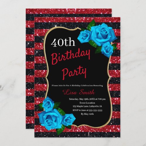 Birthday Red Black Stripes Glitter Blue Roses Invitation