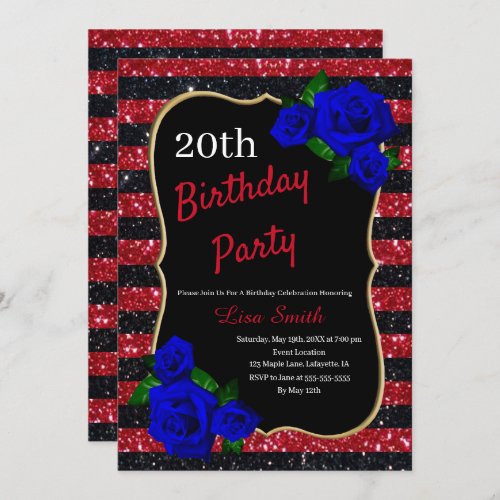 Birthday Red Black Stripes Glitter Deep Blue Roses Invitation
